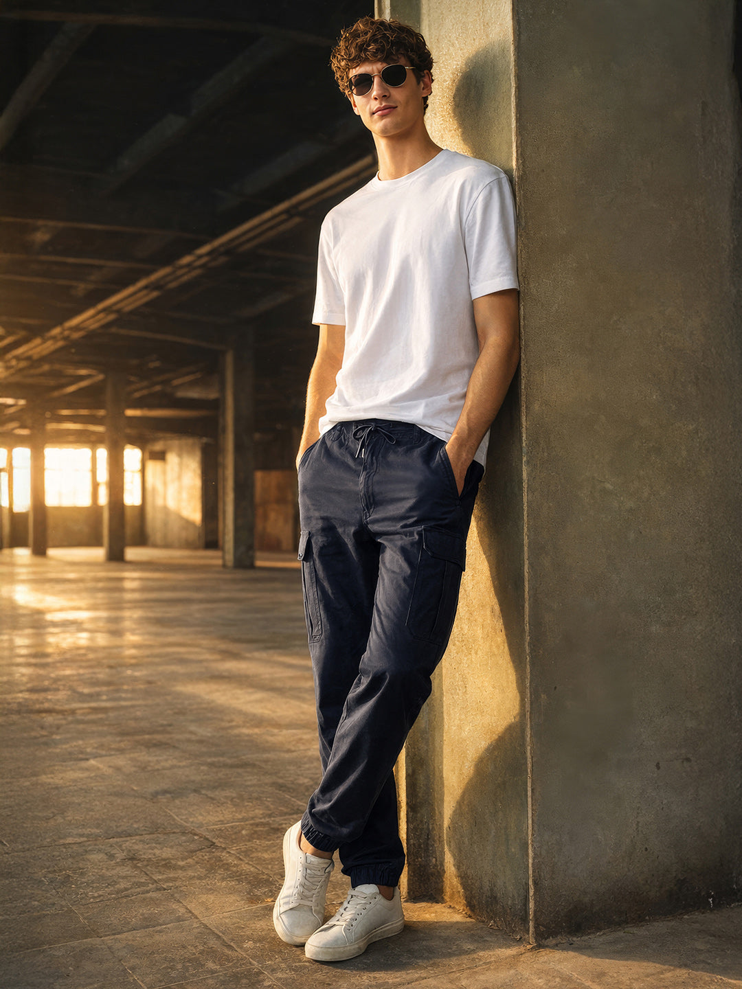 Men's Blue Regular Fit Solid Utility Cargo