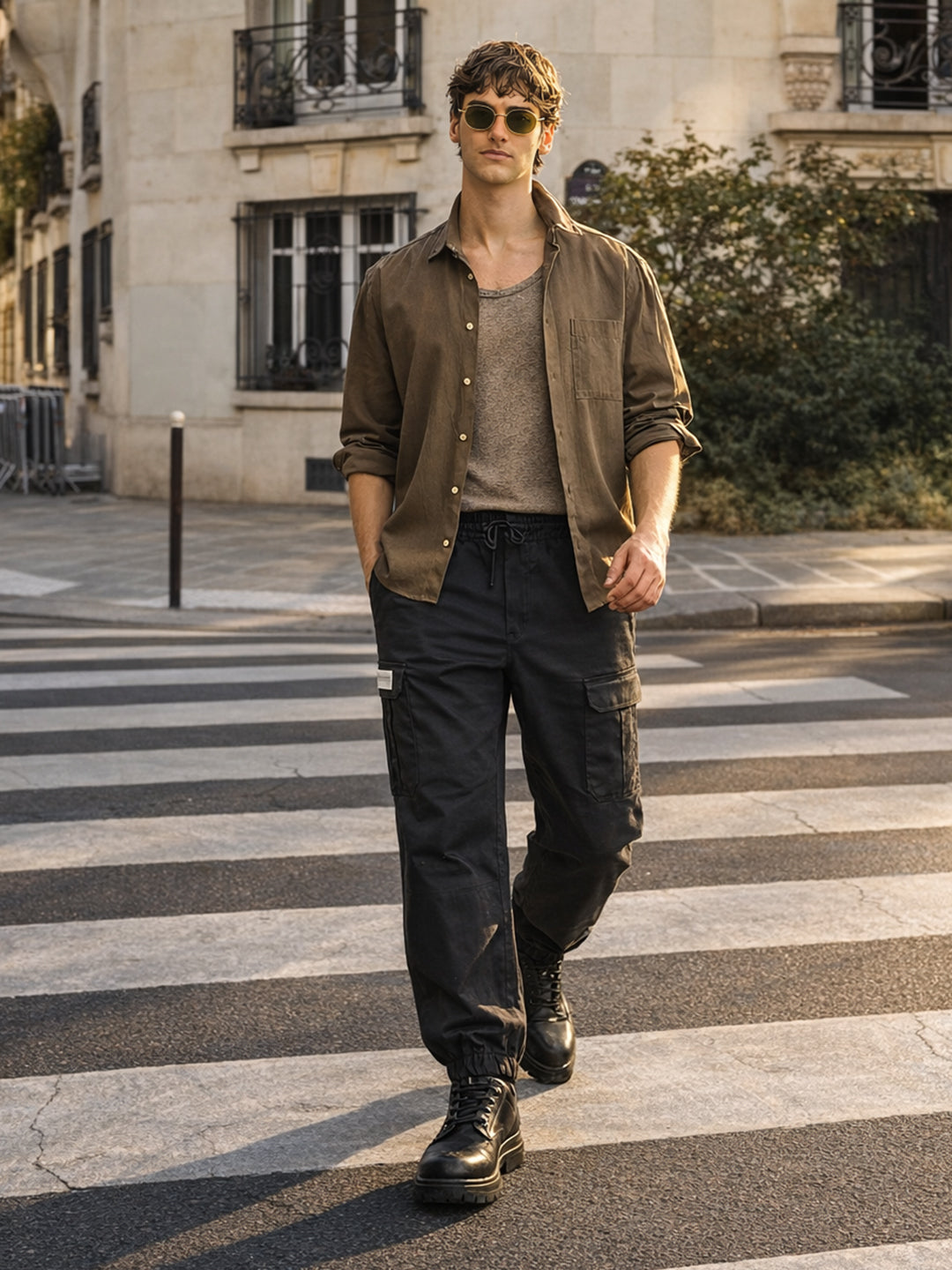 Men's Black Regular Fit Solid Utility Cargo