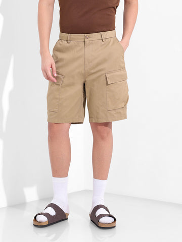 Men's Khaki Relaxed Fit Solid Utility Shorts
