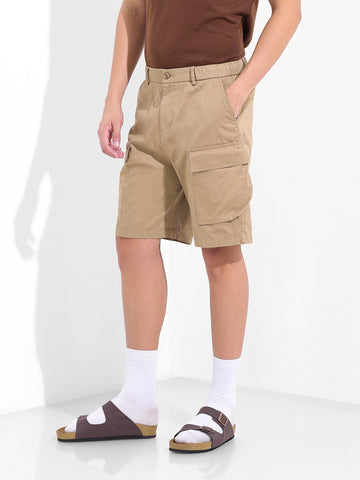 Men's Khaki Relaxed Fit Solid Utility Shorts