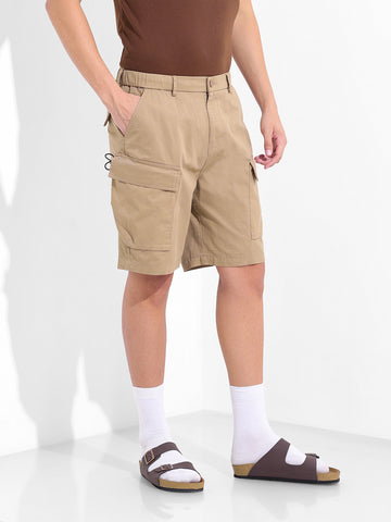 Men's Khaki Relaxed Fit Solid Utility Shorts