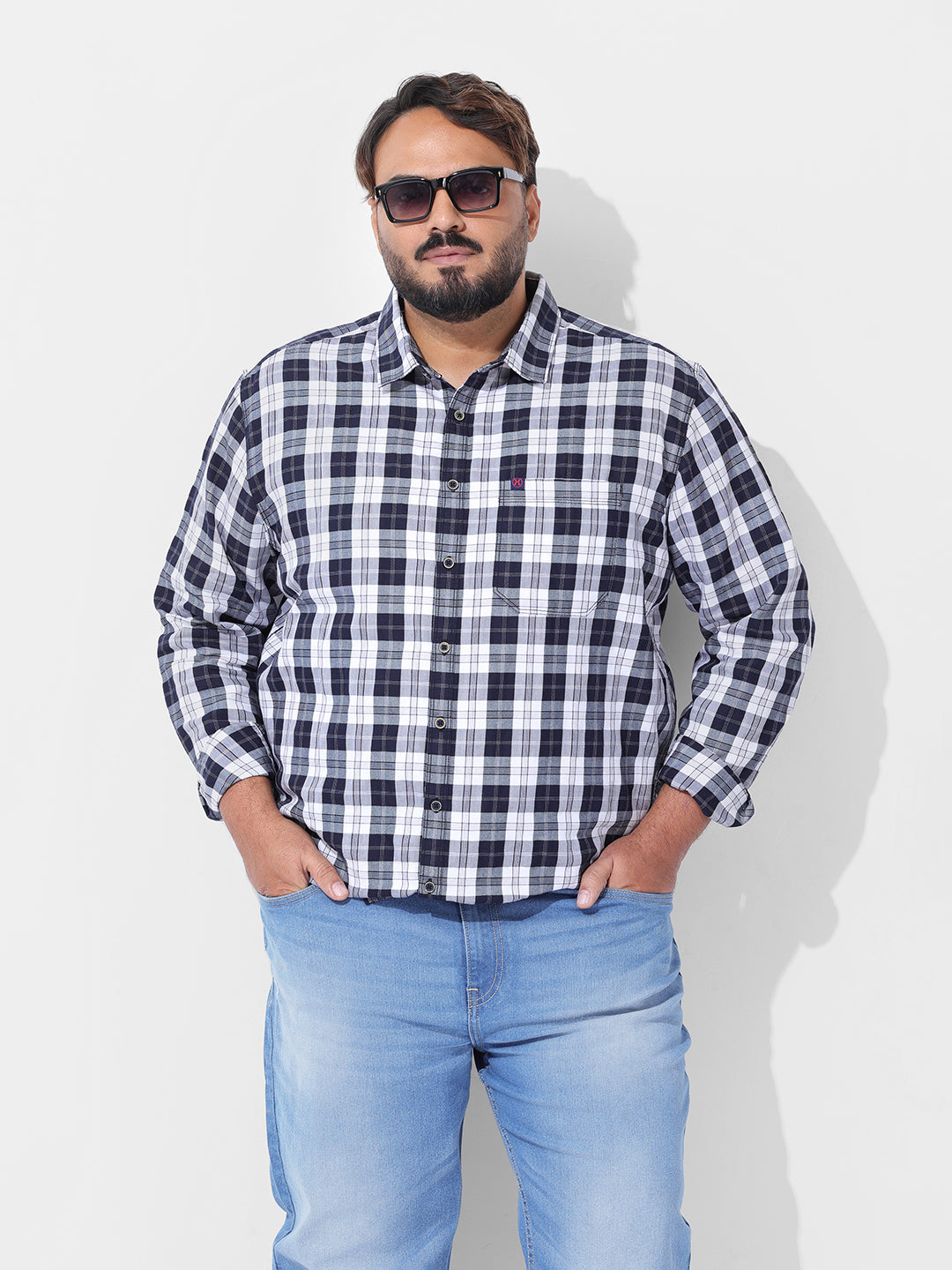 Men's Navy Blue Regular Fit Checked Casual Shirt