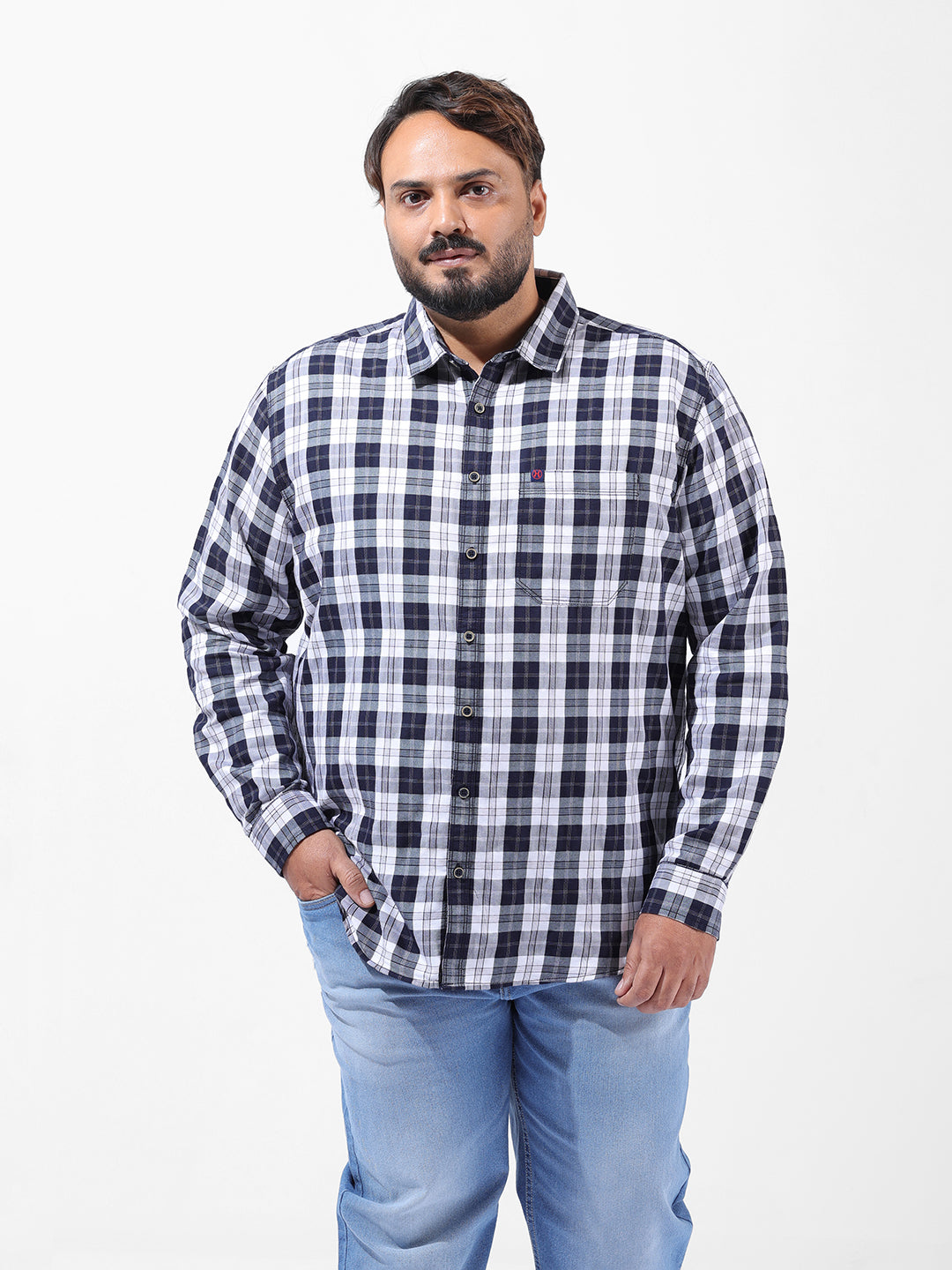 Men's Navy Blue Regular Fit Checked Casual Shirt