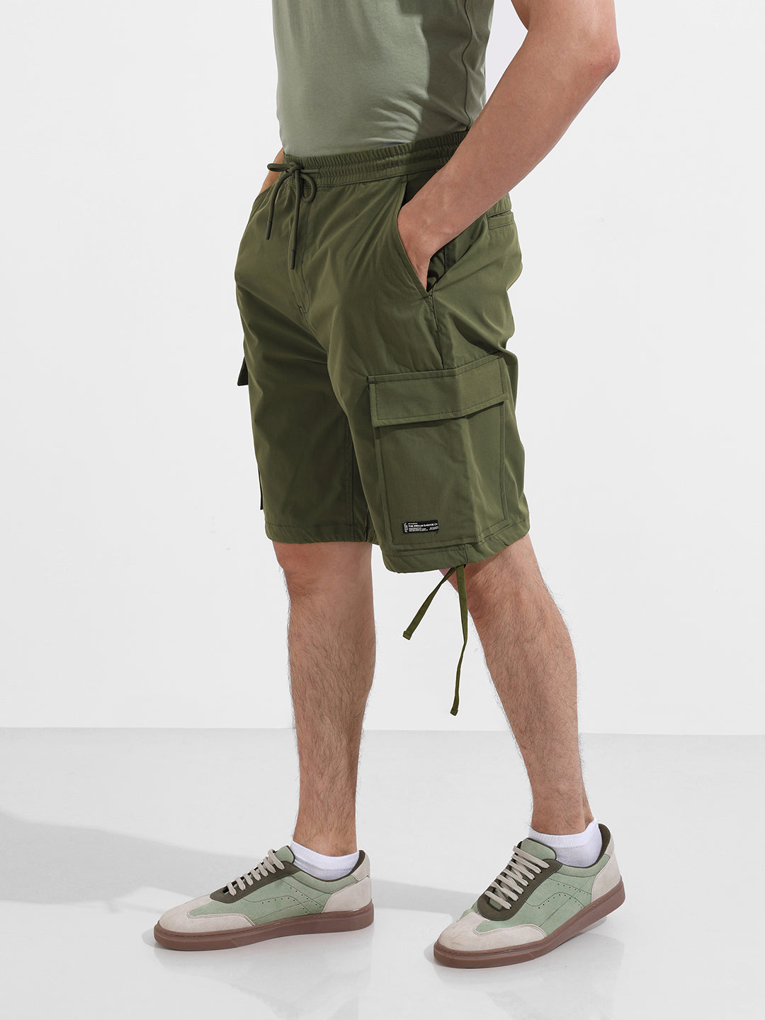 Men's Green Relaxed Fit Textured Utility Shorts