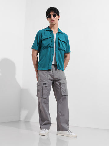 Men's Grey Relaxed Fit Textured Utility Cargo