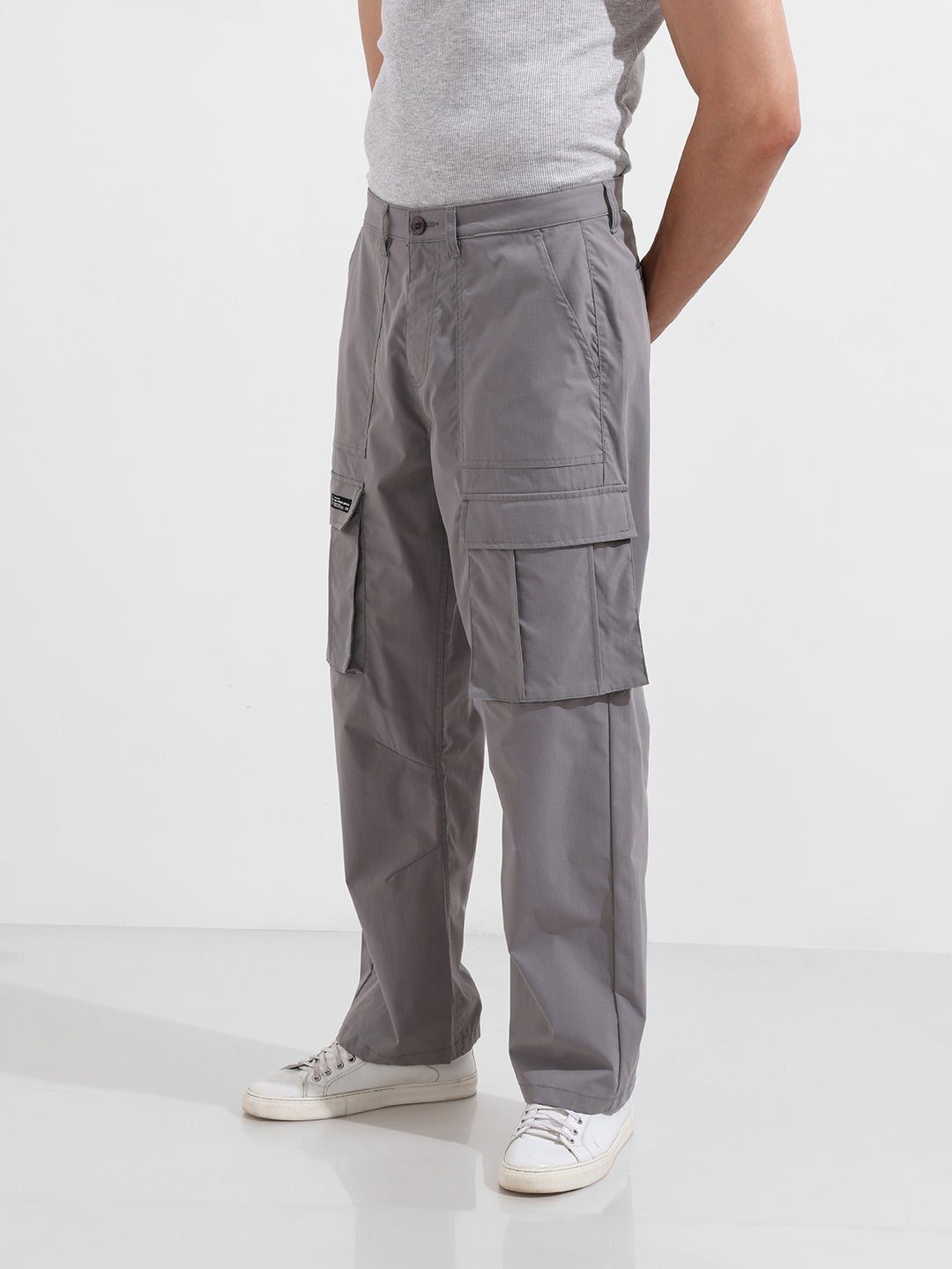 Men's Grey Relaxed Fit Textured Utility Cargo