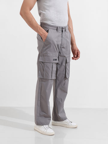Men's Grey Relaxed Fit Textured Utility Cargo