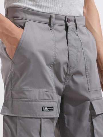 Men's Grey Relaxed Fit Textured Utility Cargo