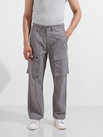 Men's Grey Relaxed Fit Textured Utility Cargo