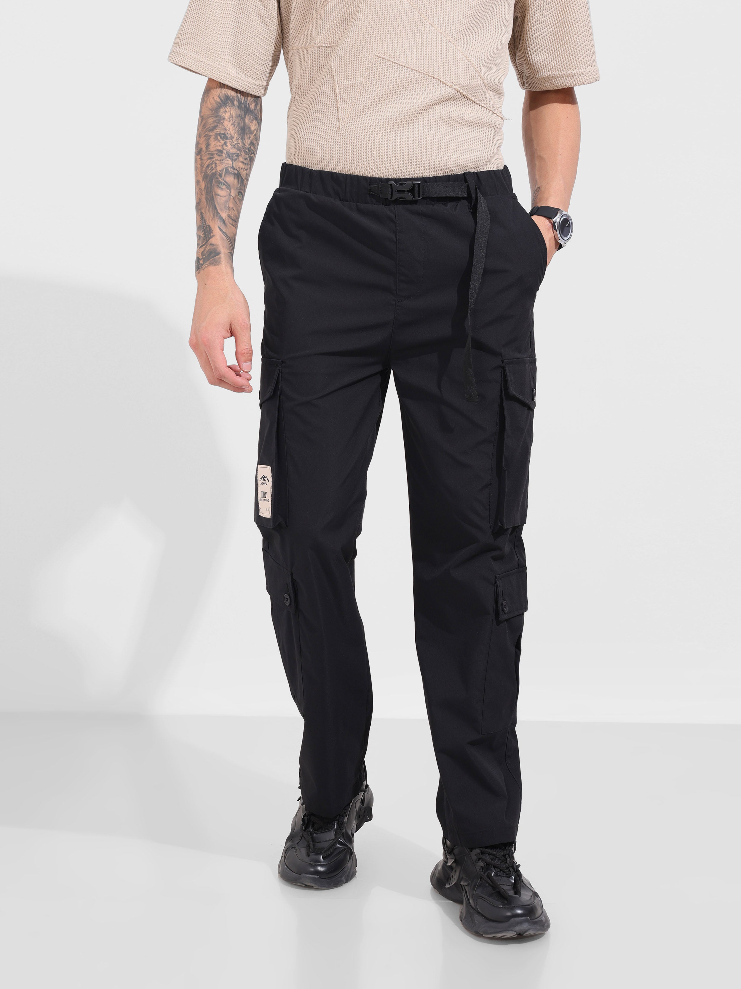 Men's Black Relaxed Fit Textured Utility Cargo