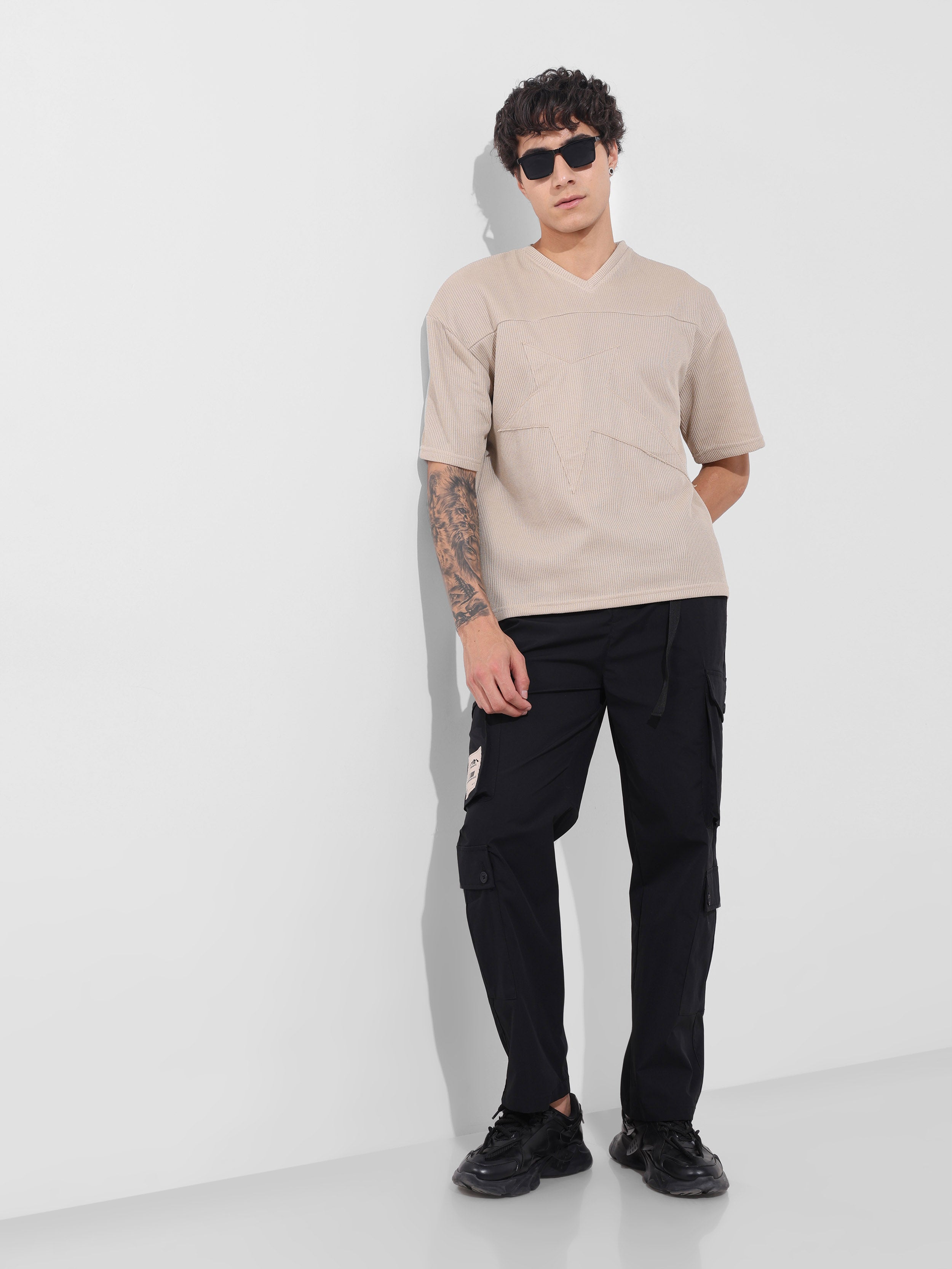 Men's Black Relaxed Fit Textured Utility Cargo