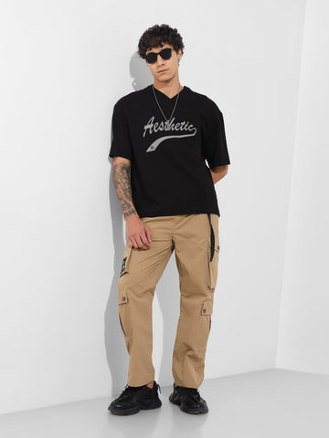 Men's Khaki Relaxed Fit Textured Utility Cargo