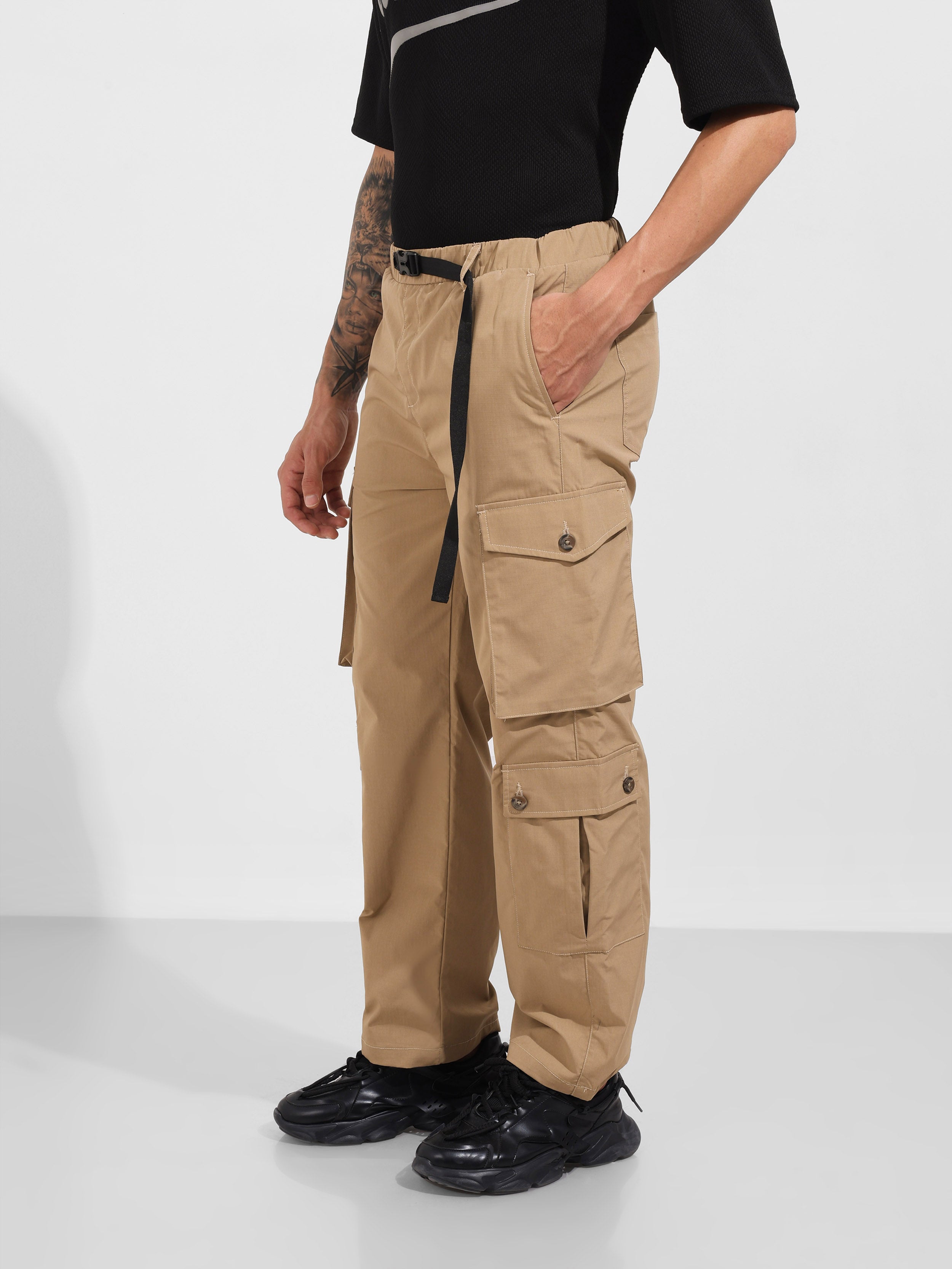 Men's Khaki Relaxed Fit Textured Utility Cargo
