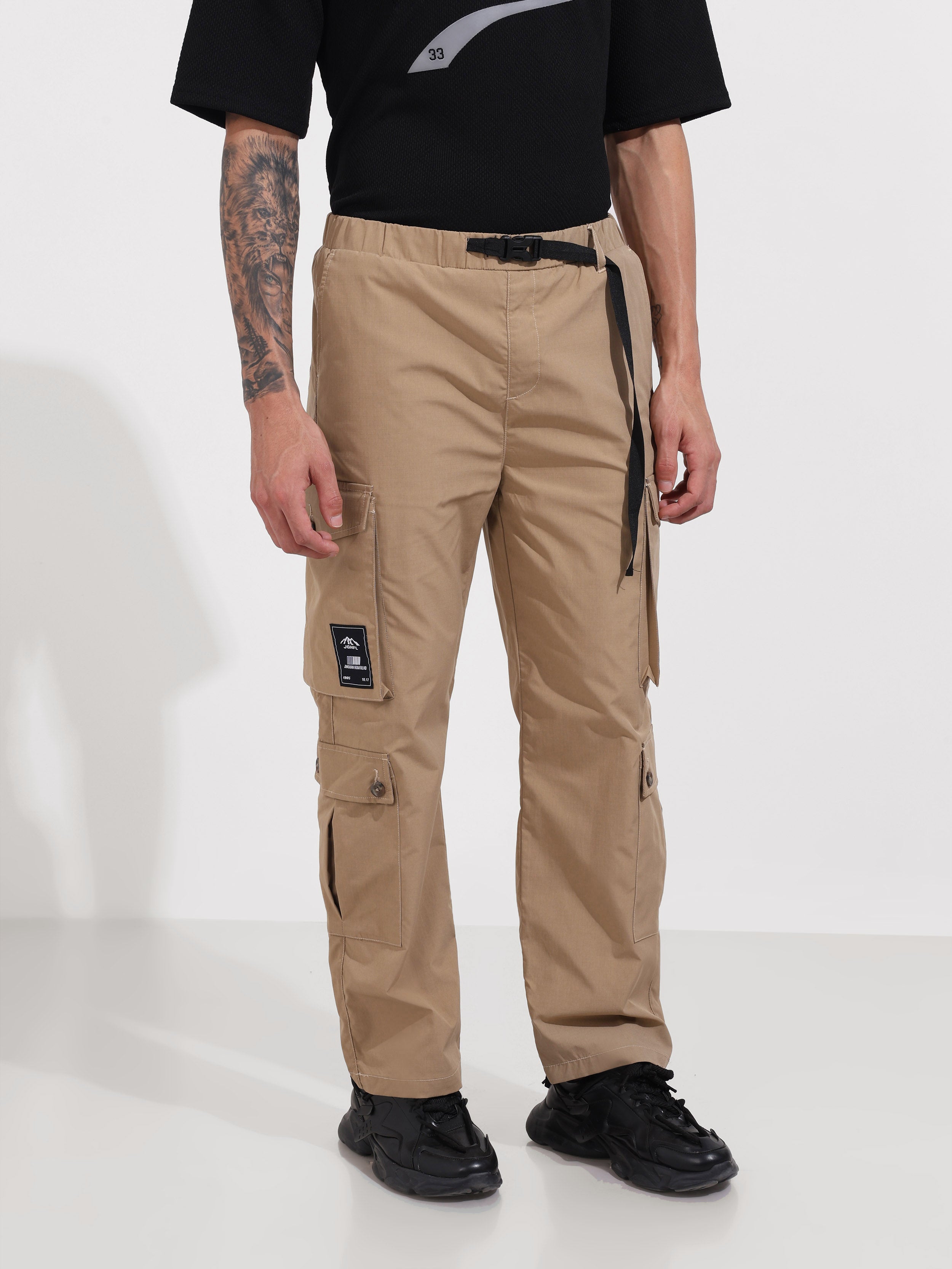 Men's Khaki Relaxed Fit Textured Utility Cargo