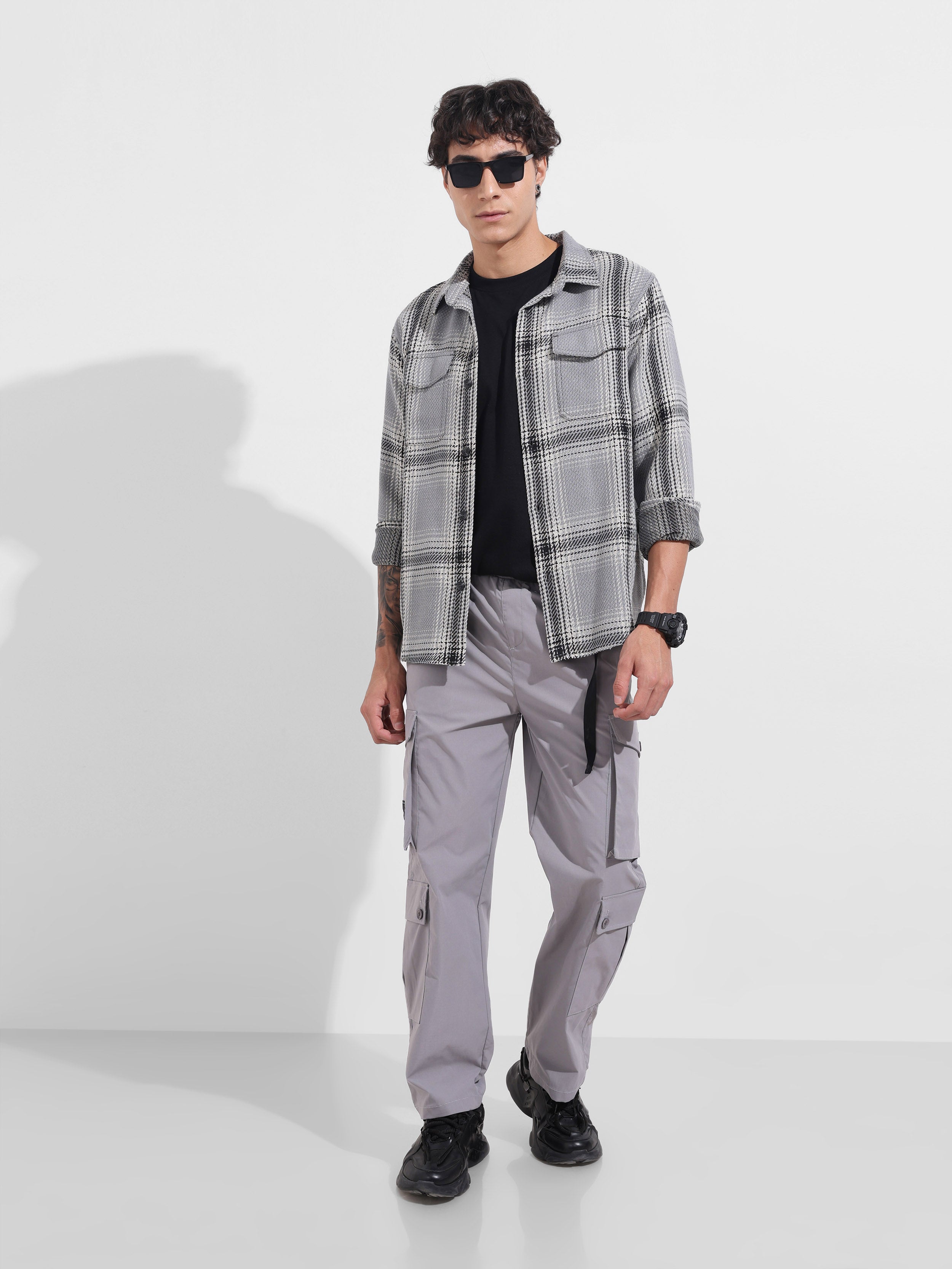 Men's Grey Relaxed Fit Textured Utility Cargo