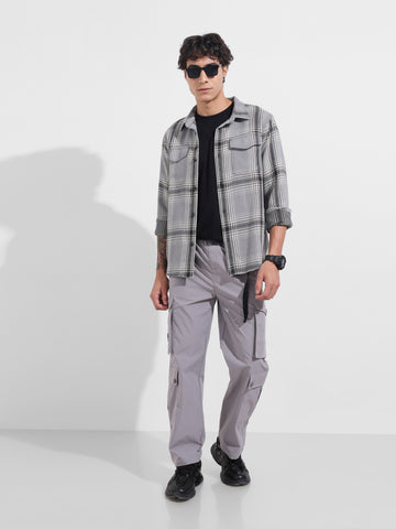 Men's Grey Relaxed Fit Textured Utility Cargo