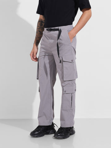 Men's Grey Relaxed Fit Textured Utility Cargo