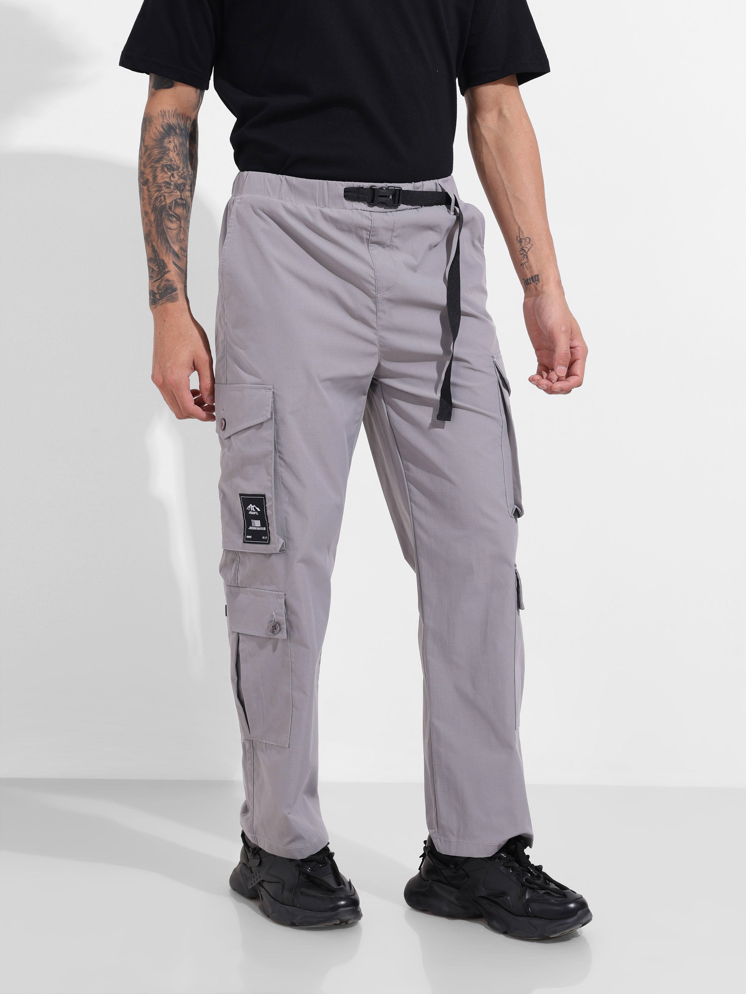 Men's Grey Relaxed Fit Textured Utility Cargo