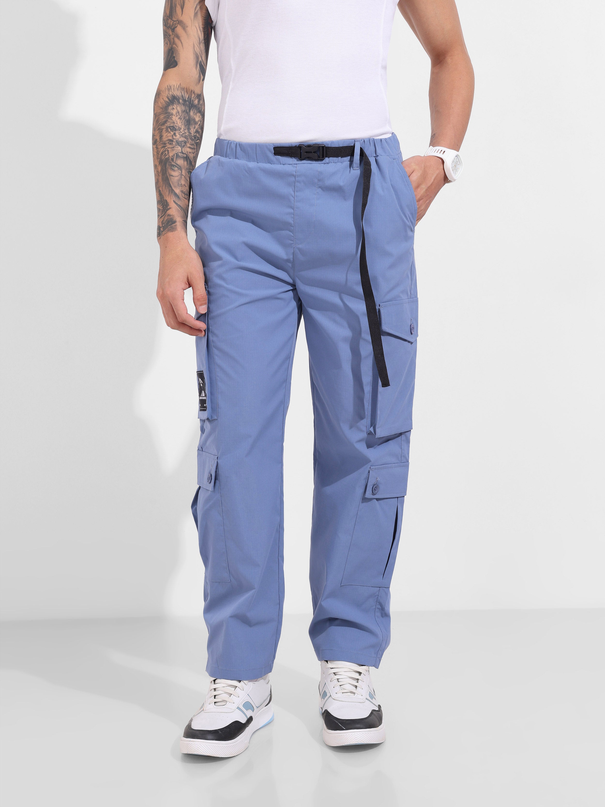 Men's Blue Relaxed Fit Textured Utility Cargo