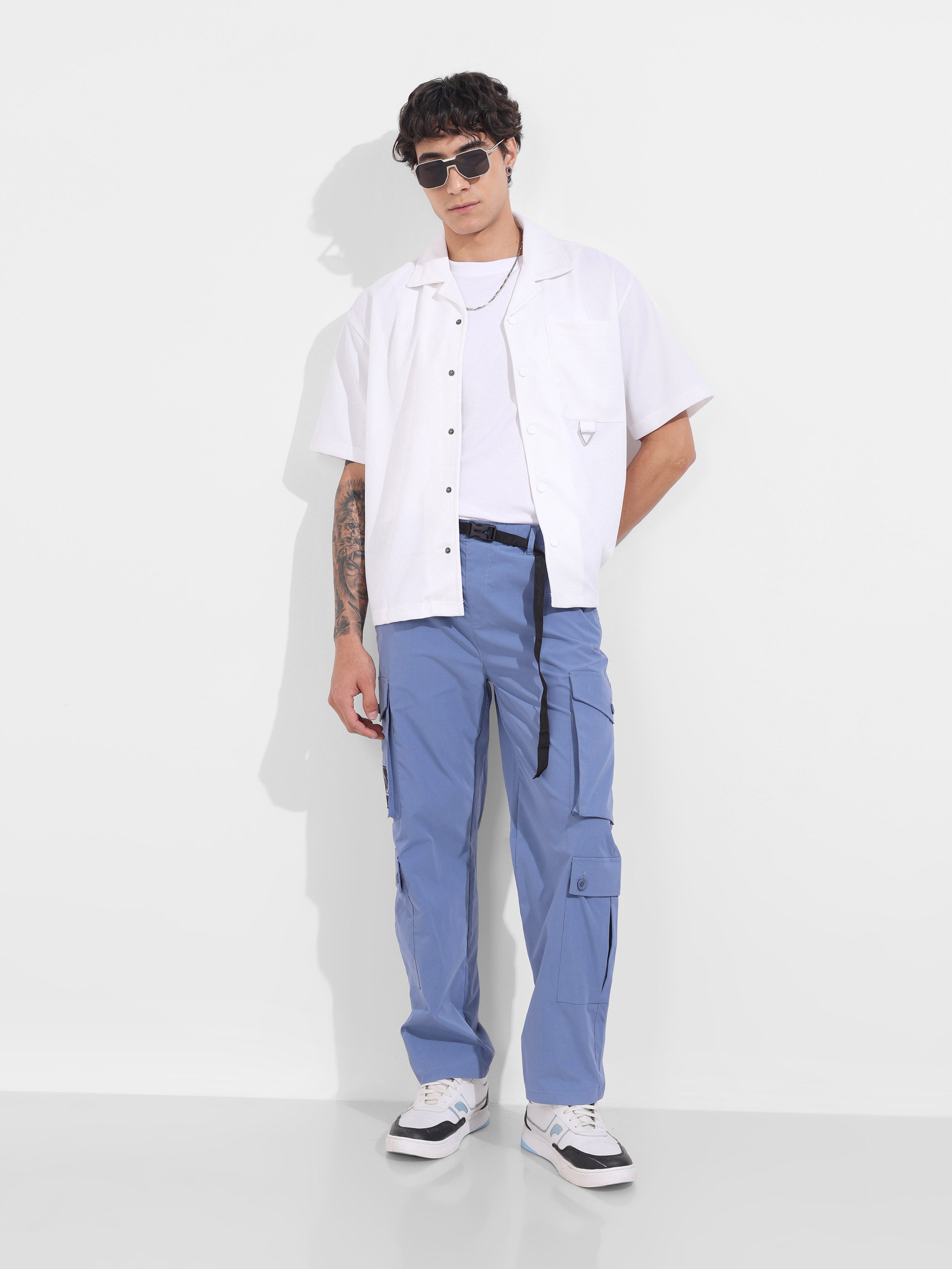 Men's Blue Relaxed Fit Textured Utility Cargo