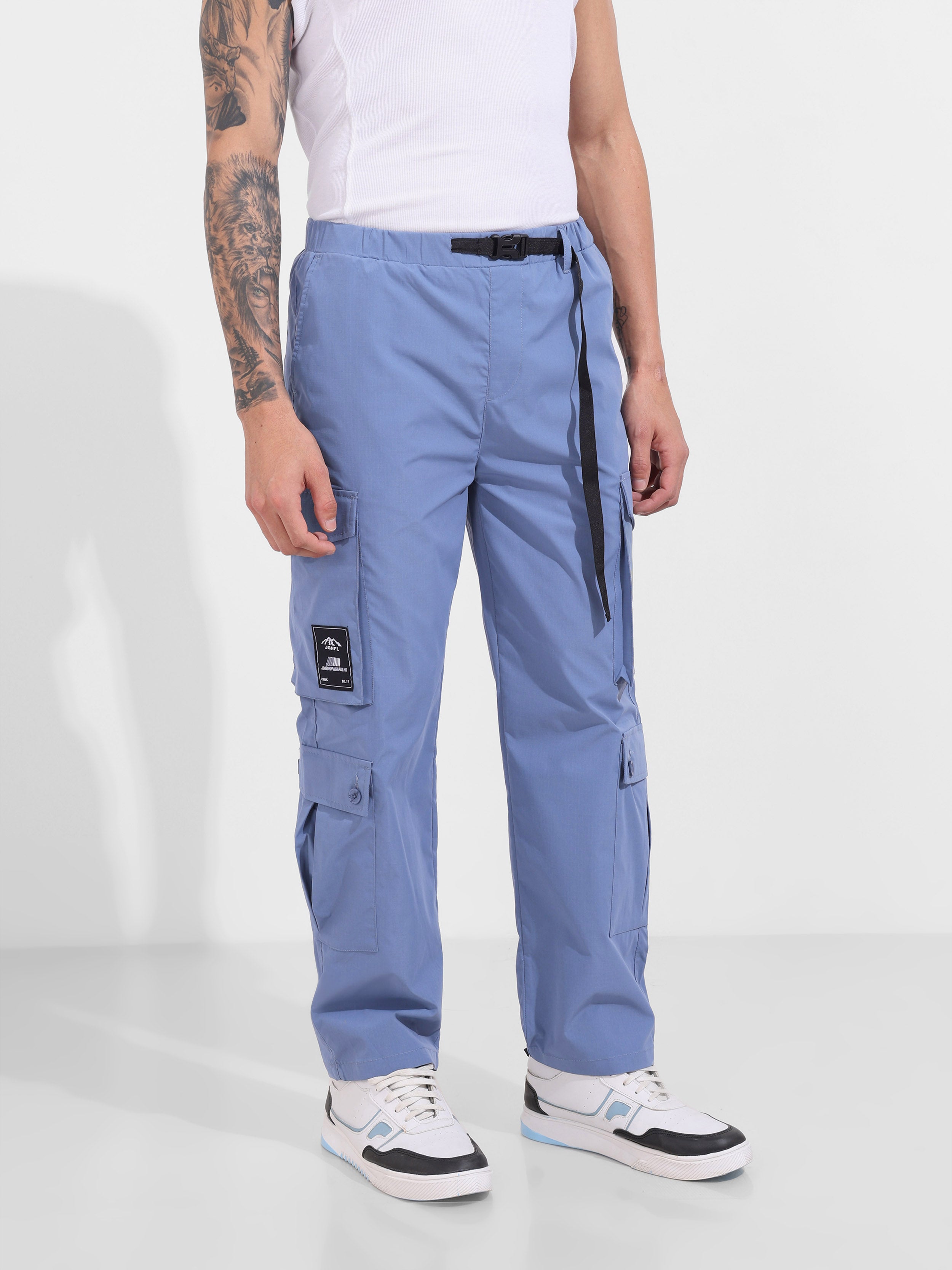 Men's Blue Relaxed Fit Textured Utility Cargo