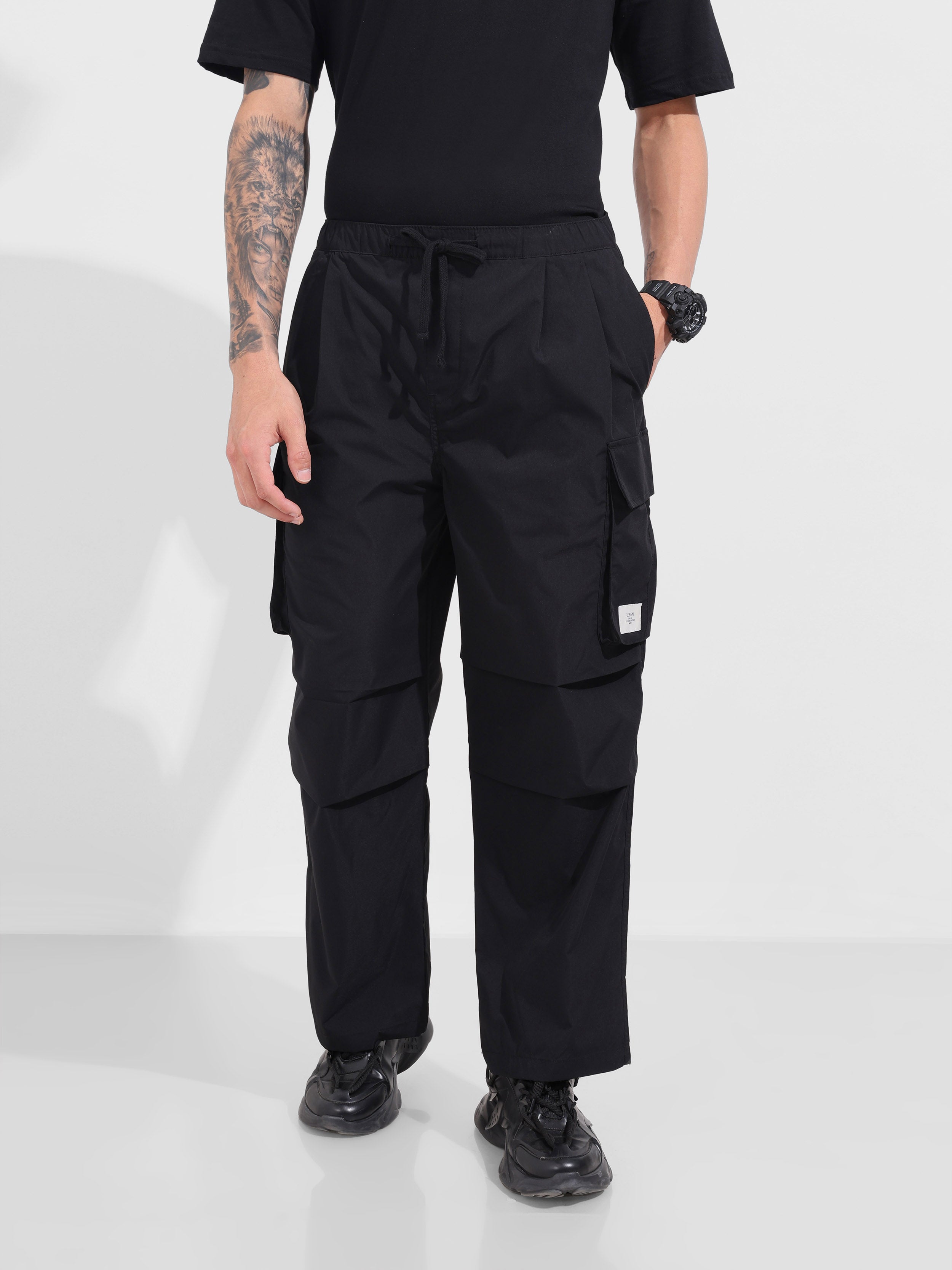 Men's Black Baggy Fit Textured Utility Joggers