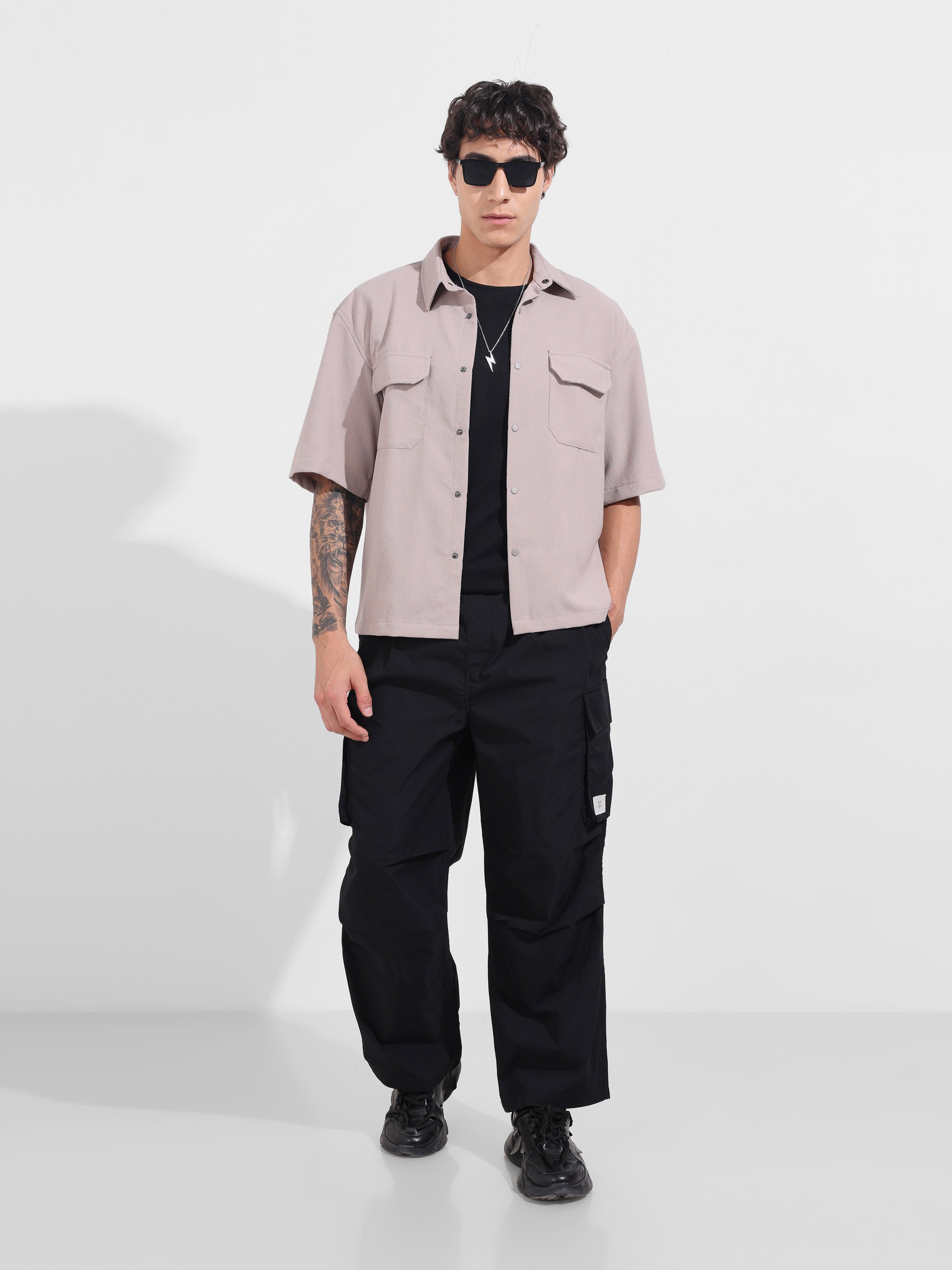 Men's Black Baggy Fit Textured Utility Joggers