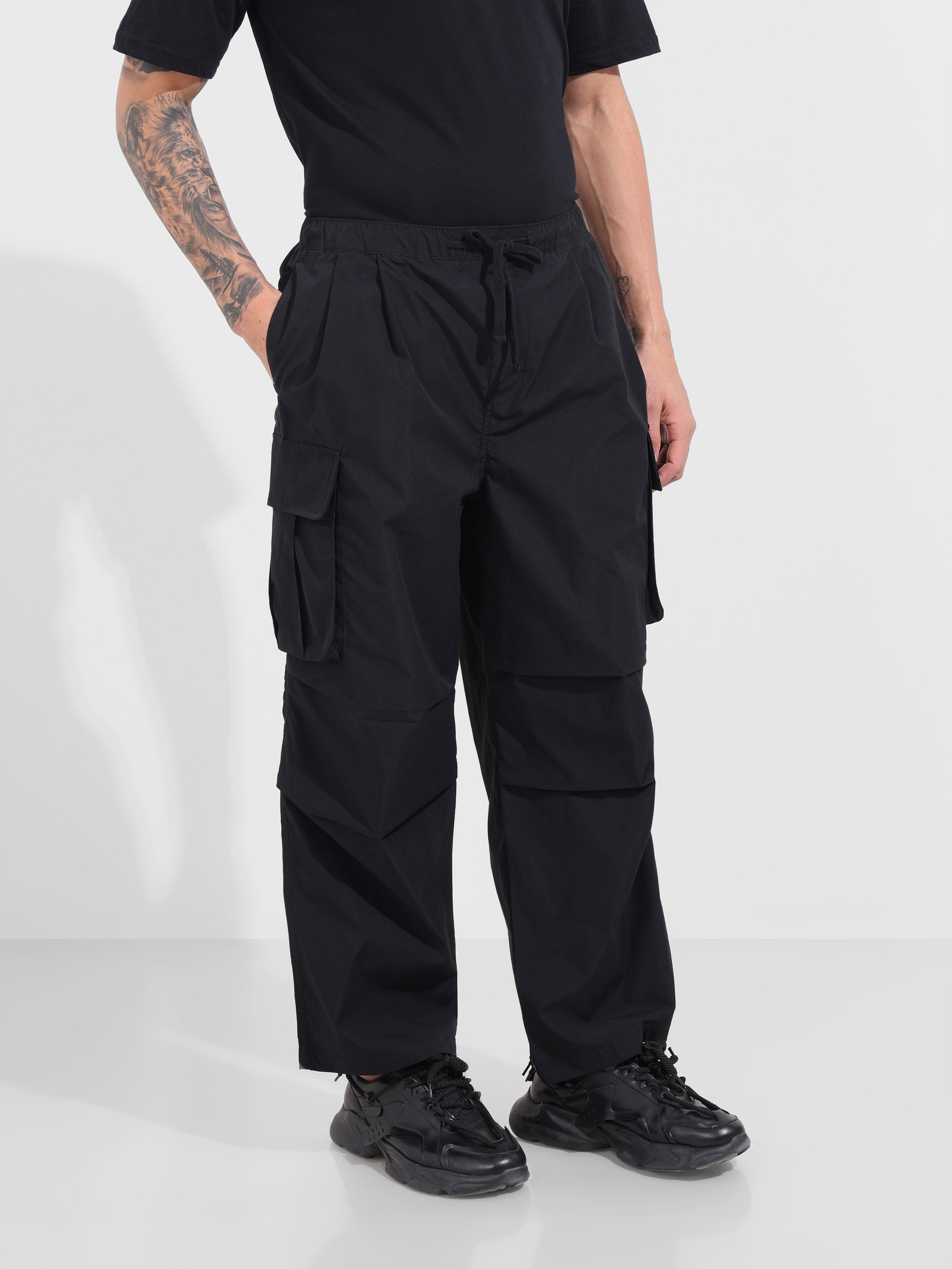 Men's Black Baggy Fit Textured Utility Joggers