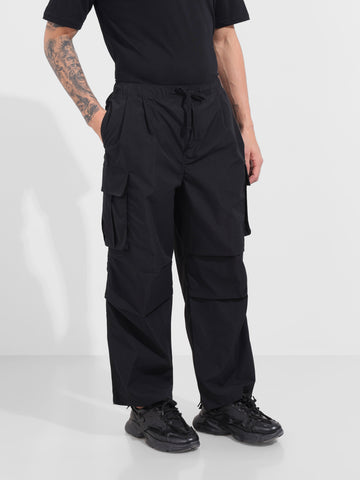 Men's Black Baggy Fit Textured Utility Joggers