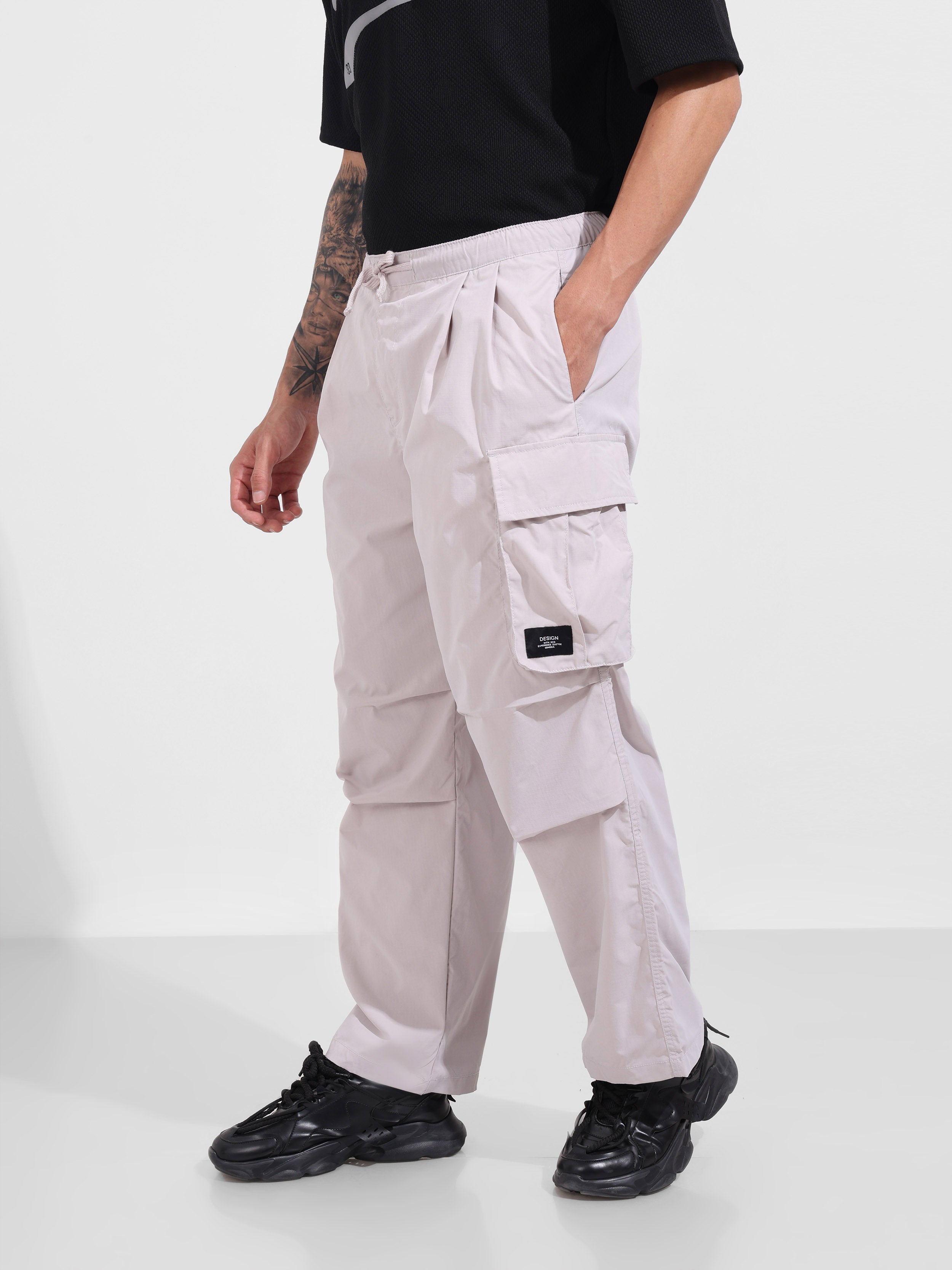 Men's Grey Baggy Fit Textured Utility Joggers