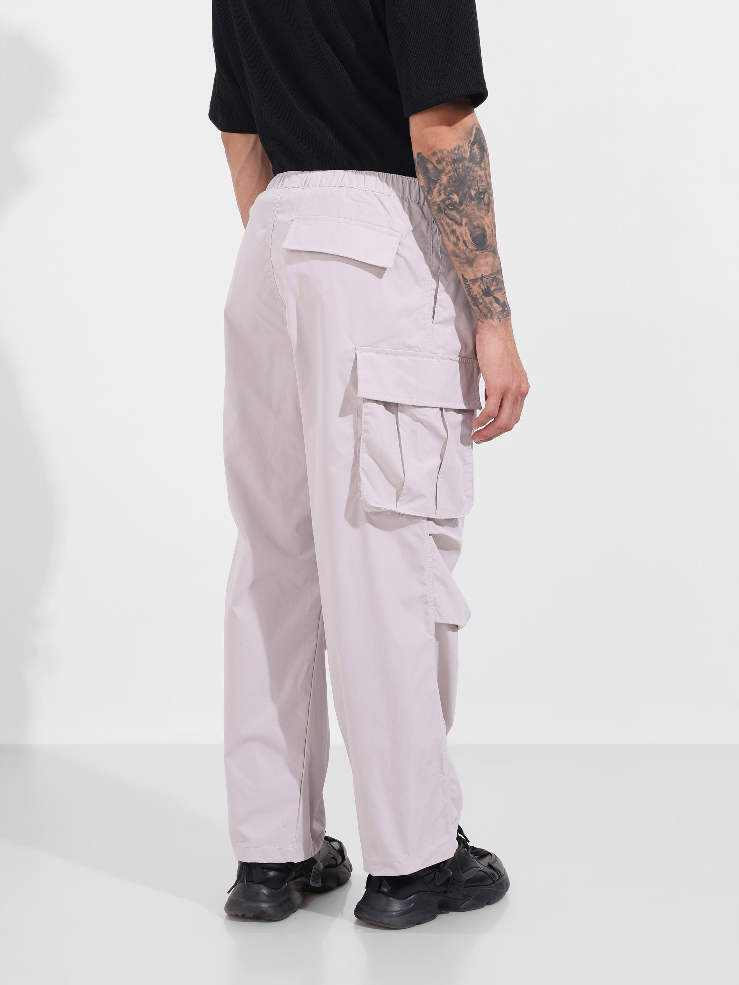 Men's Grey Baggy Fit Textured Utility Joggers