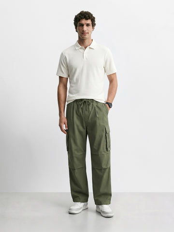 Men's Green Baggy Fit Textured Utility Joggers