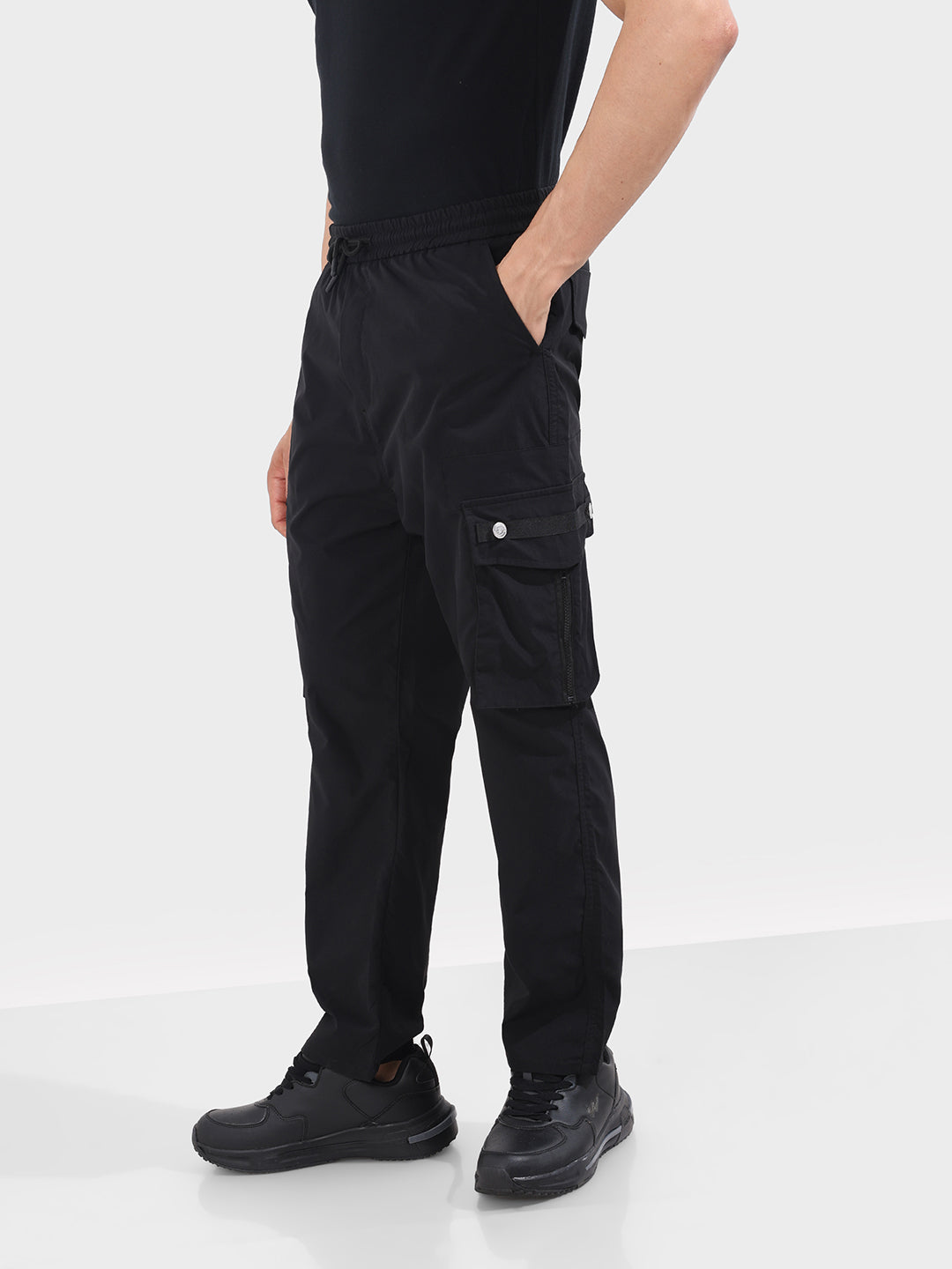 Men's Black Relaxed Fit Textured Utility Joggers