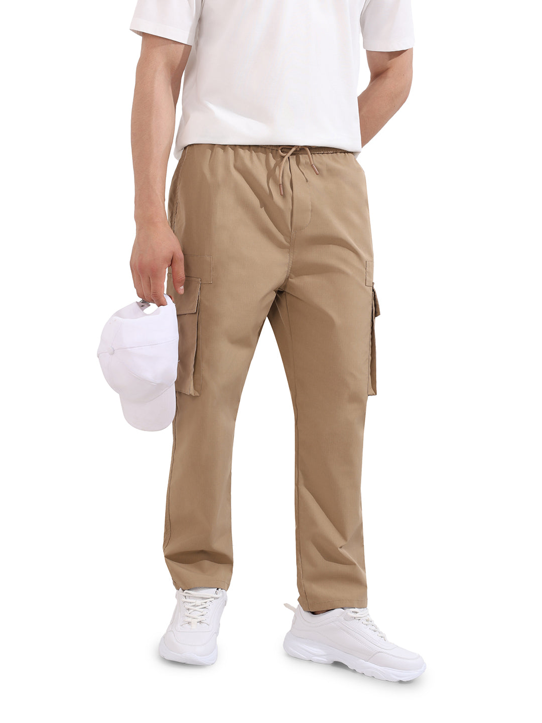 Men's Khaki Relaxed Fit Textured Utility Joggers