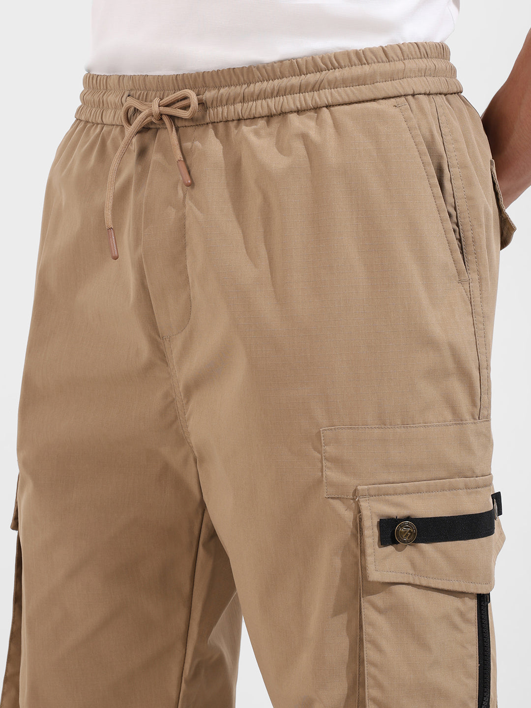 Men's Khaki Relaxed Fit Textured Utility Joggers