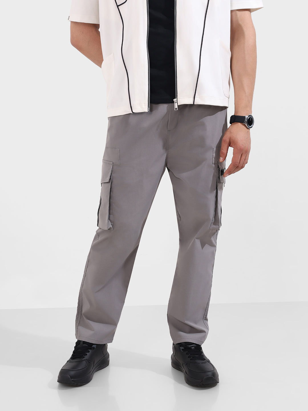 Men's Grey Relaxed Fit Textured Utility Joggers