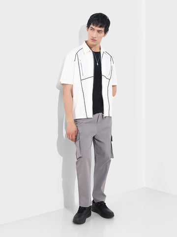 Men's Grey Relaxed Fit Textured Utility Joggers