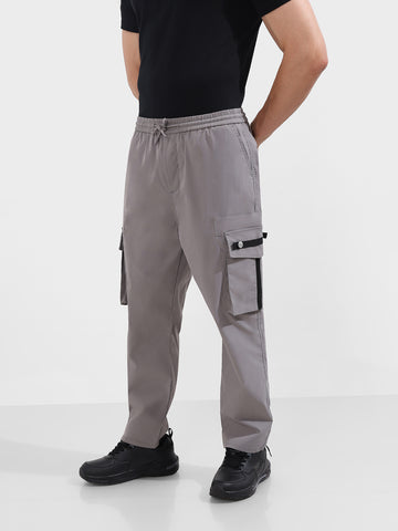 Men's Grey Relaxed Fit Textured Utility Joggers