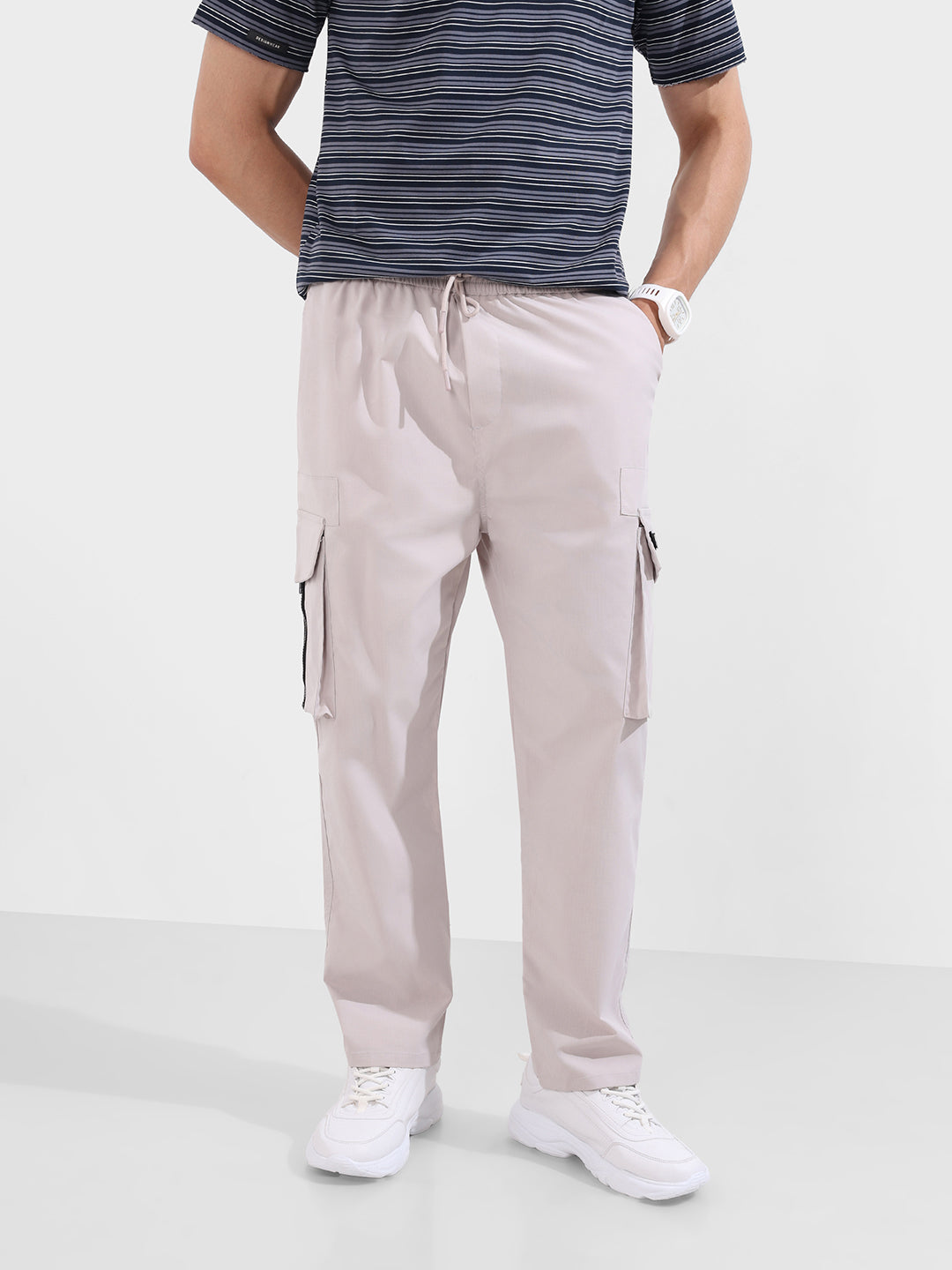 Men's Grey Relaxed Fit Textured Utility Joggers