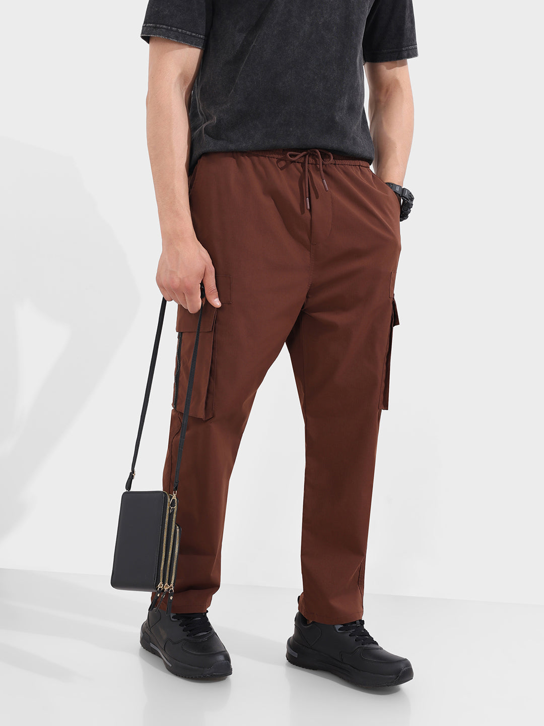 Men's Brown Relaxed Fit Textured Utility Joggers