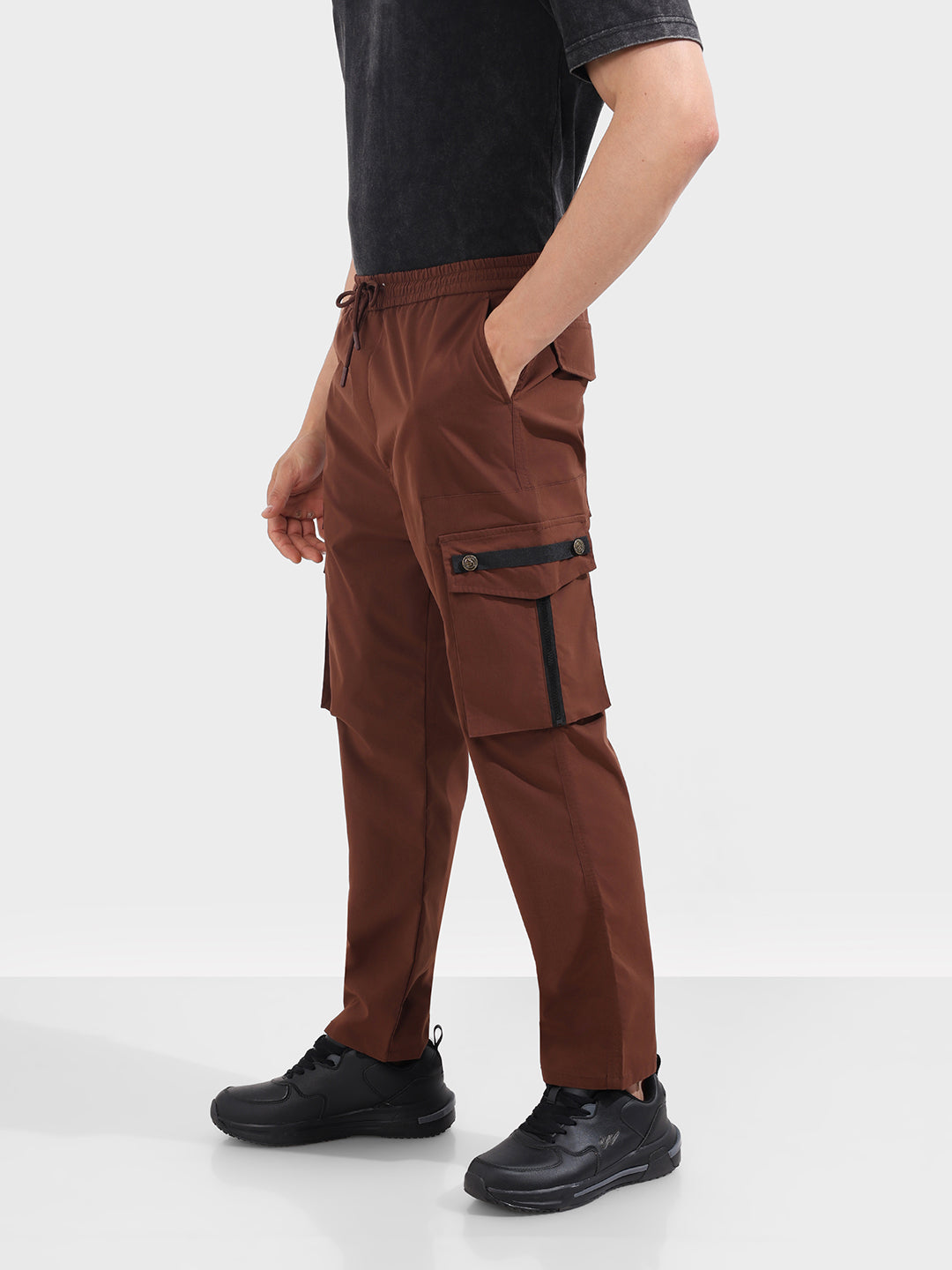 Men's Brown Relaxed Fit Textured Utility Joggers