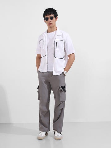 Men's Grey Baggy Fit Textured Utility Cargo