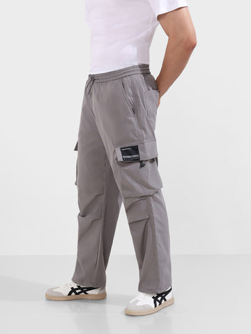 Men's Grey Baggy Fit Textured Utility Cargo