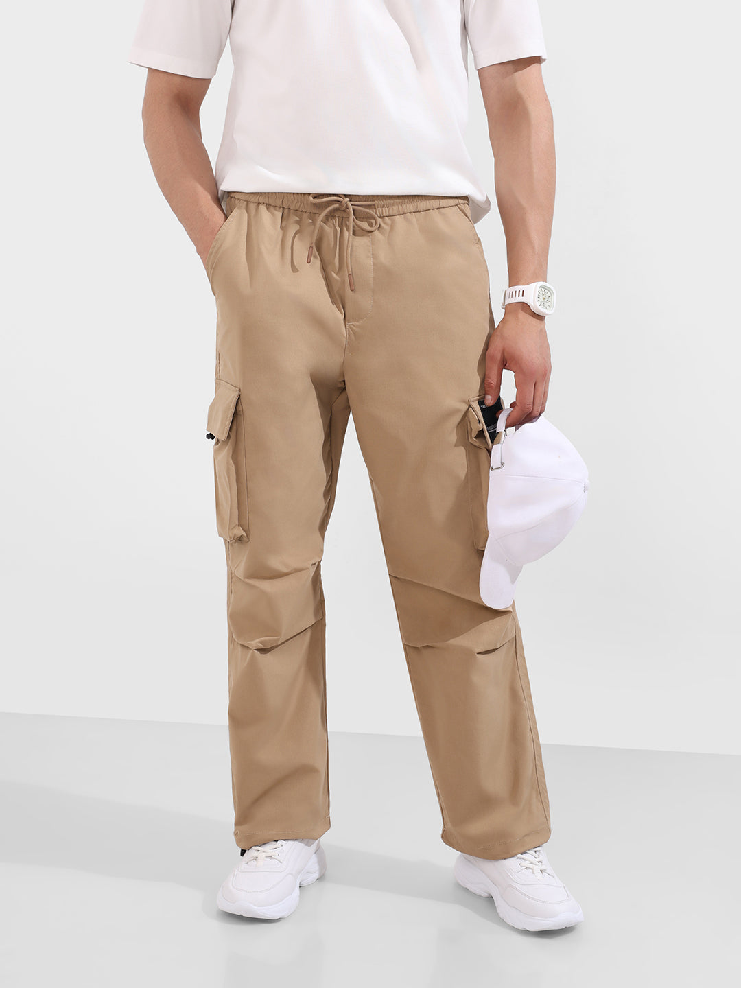Men's Khaki Baggy Fit Textured Utility Cargo