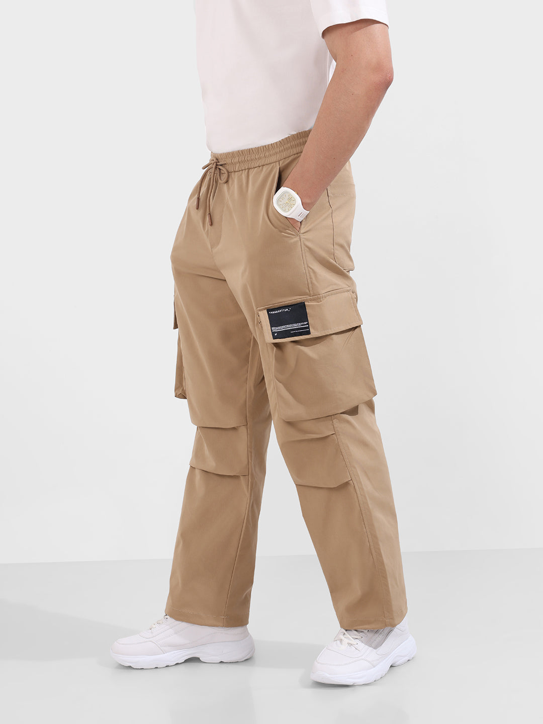Men's Khaki Baggy Fit Textured Utility Cargo