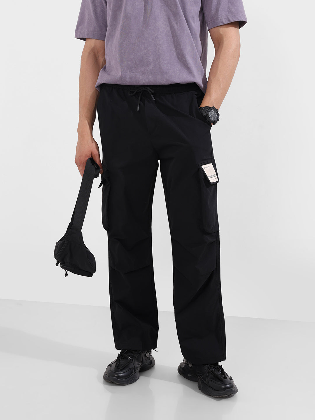 Men's Black Baggy Fit Textured Utility Cargo