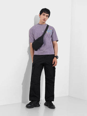 Men's Black Baggy Fit Textured Utility Cargo