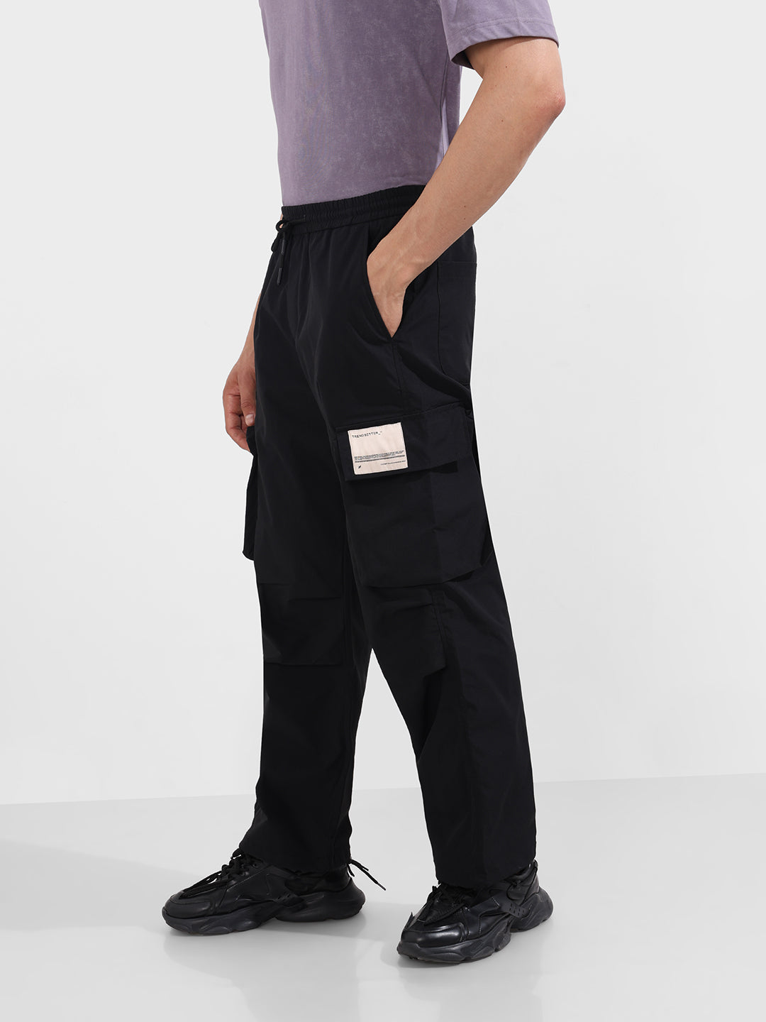 Men's Black Baggy Fit Textured Utility Cargo