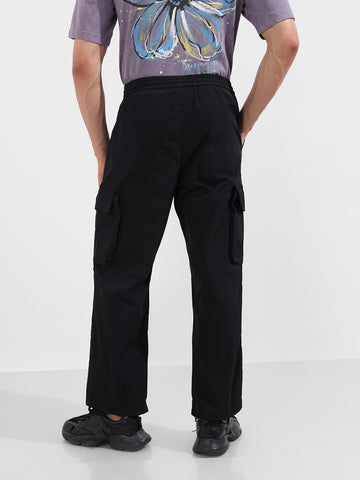 Men's Black Baggy Fit Textured Utility Cargo