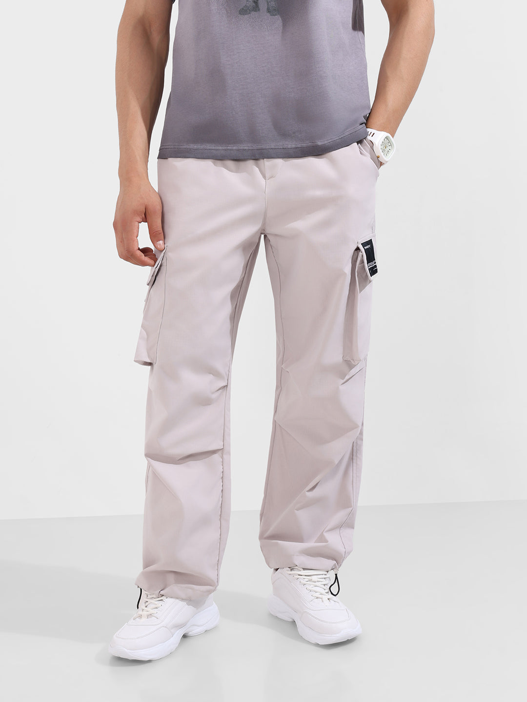Men's Ice Grey Baggy Fit Textured Utility Cargo